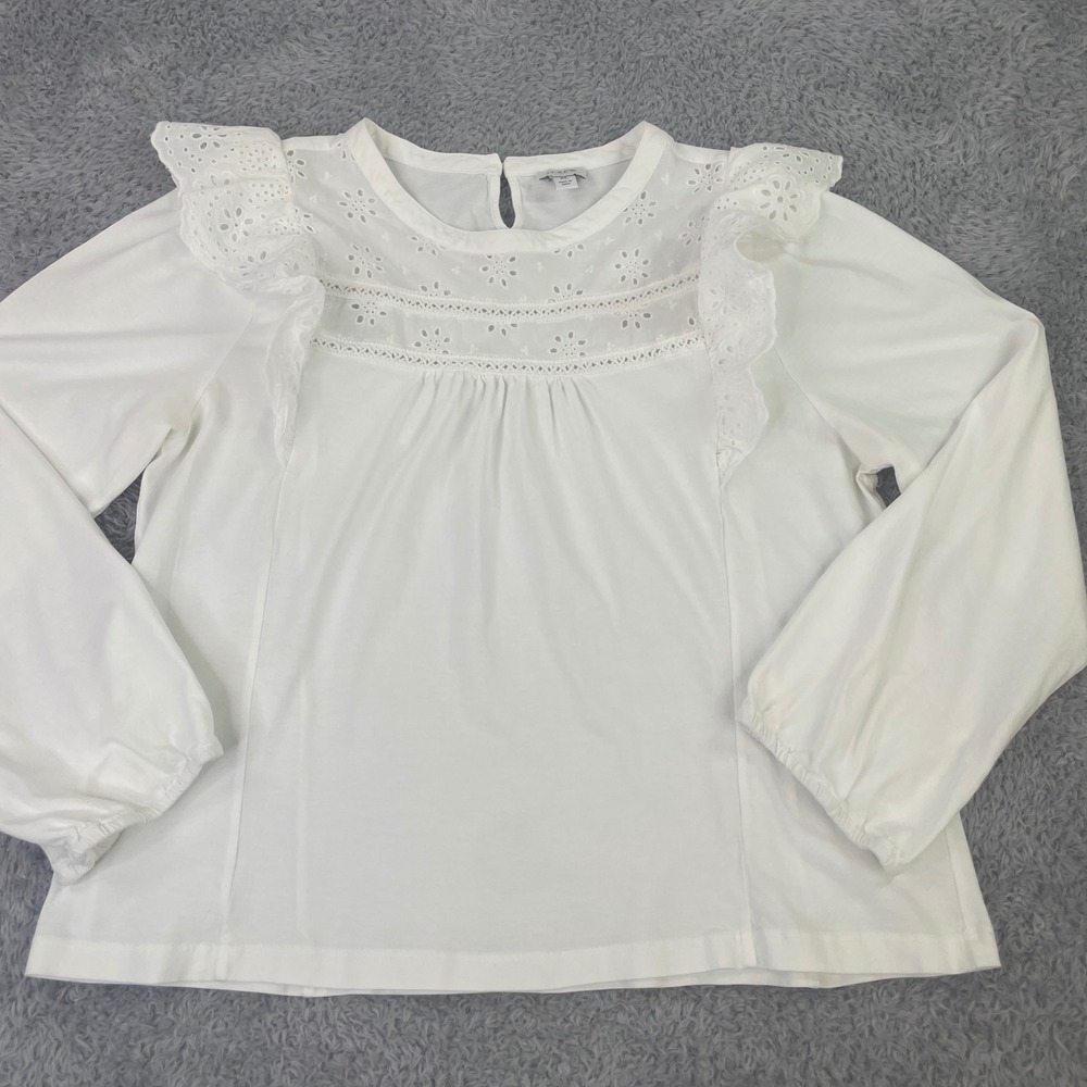 J. Crew Eyelet Ruffle Blouse Womens XL White Long Sleeve Lace Knit Top Peasant